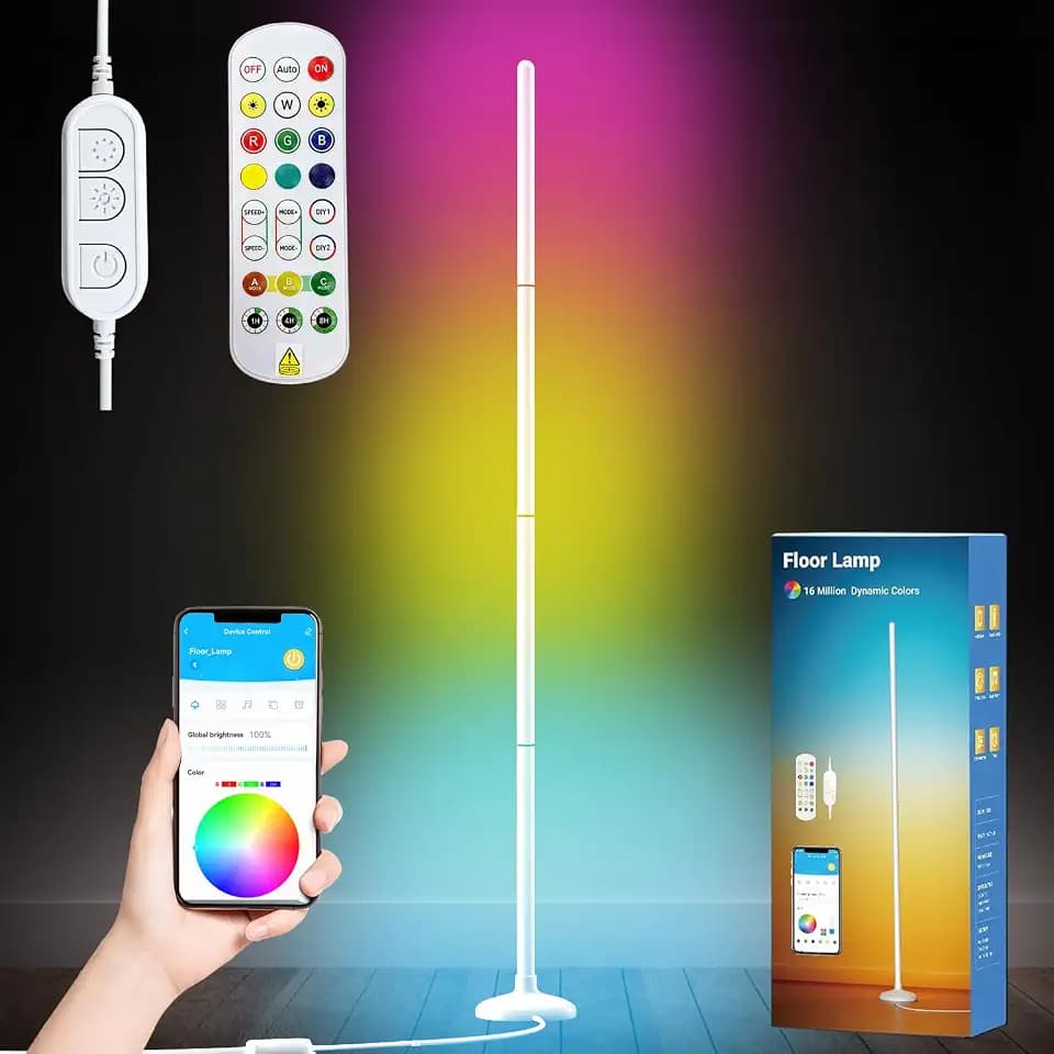 Smart Floor Lamp, RGB LED Corner Lamp with App & Remote, Modern Floor Lamp with 16 Million DIY Colors/Music Sync/Timer, Ambient Lighting Floor Lamps for Bedroom, Living Room, Game Room