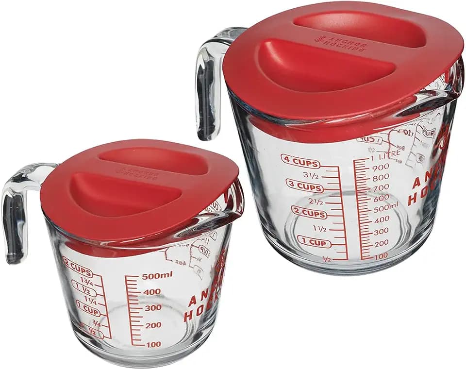 Anchor Hocking Lidded Measuring Cup Set (2-Piece, 2-Cup & 4-Cup with Red Lids, dishwasher safe)