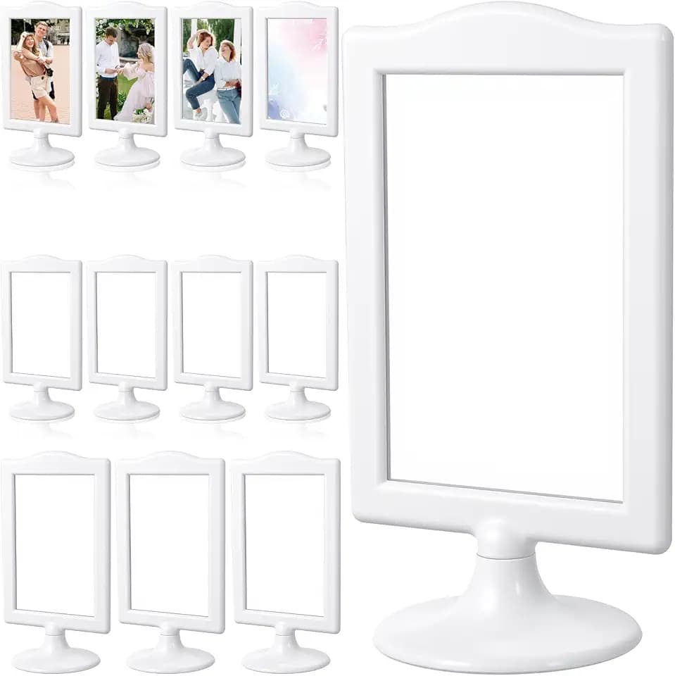 12 Pcs Double Sided Standing Picture Frames, 4x6 Inch Plastic Pedestal Photo Frame with Base, Table Top Display Holder for Wedding Menu Table Number