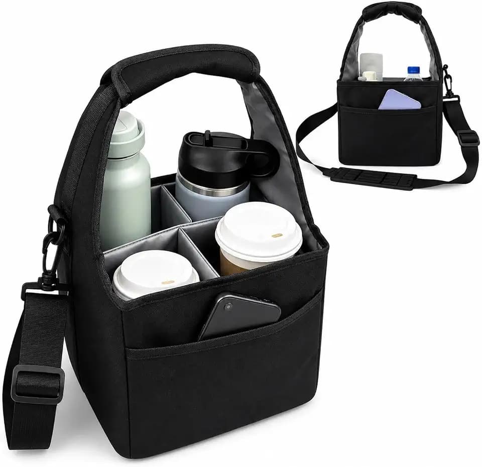 Drink Carrier Tote Bag with Handle Family Size 4 Compartment Water Bottle Holder with Adjustable Shoulder Strap & Removable Dividers Multiple Tumbler Caddy for Car,Delivery,Family Outings