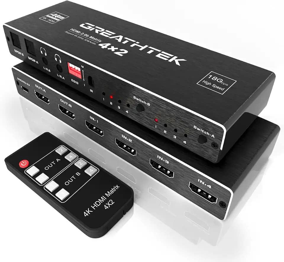HDMI Matrix 4x2 4K@60Hz HDMI Splitter 4 In 2 Out HDMI Switch 3D mit IR-Fernbedienung Audio Extractor EDID HDR Dolby Vision LPCM SPDIF 5.1CH & Optisch, L/R 3,5mm Ausgang, HDMI2.0 RGB 8:8:8 HDCP2.2