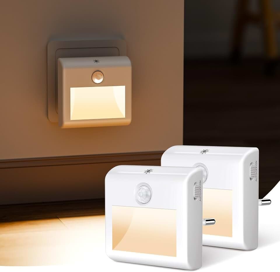 2 Stück Nachtlicht Steckdose, LED Nachtlicht mit Bewegungssensor und Dämmerungssensor, Helligkeit Dimmbare, Auto/Ein/Aus Modi, Warmweiß Steckdosenlicht für Flur, Treppe, Schlafzimmer,Gang, Küche