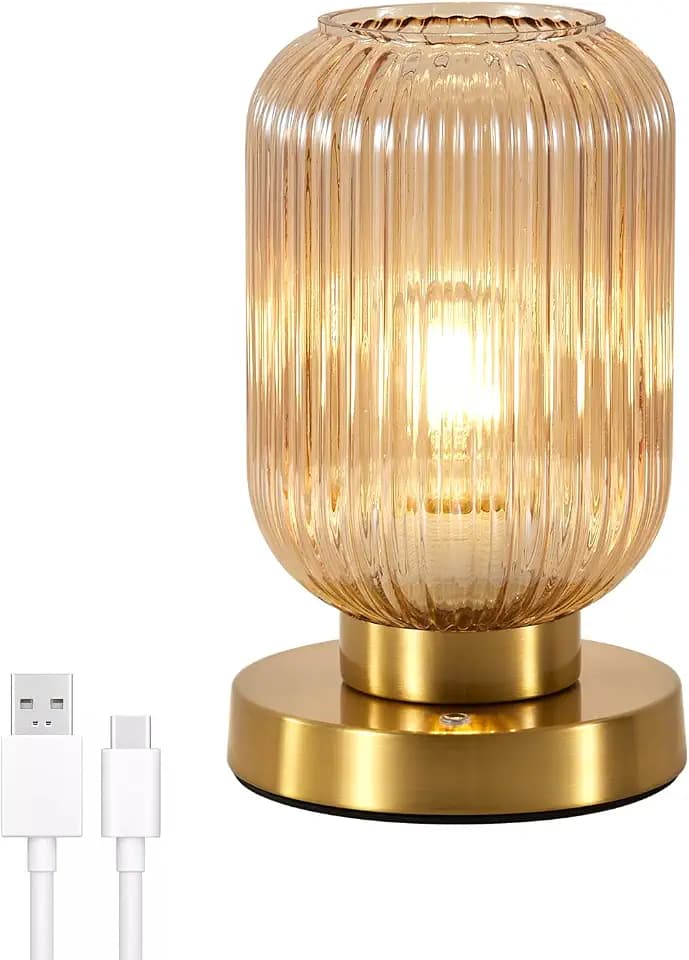 Rechargeable Amber Glass Table Lamp,Vintage Ribbed Bedside Lamp