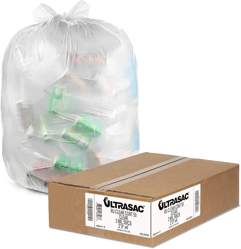 Ultrasac 42 Gallon 3 MIL Thick Heavy Duty Clear Trash Bags - 33" x 48" - Pack of 50 - For Industrial, Construction, & Commercial