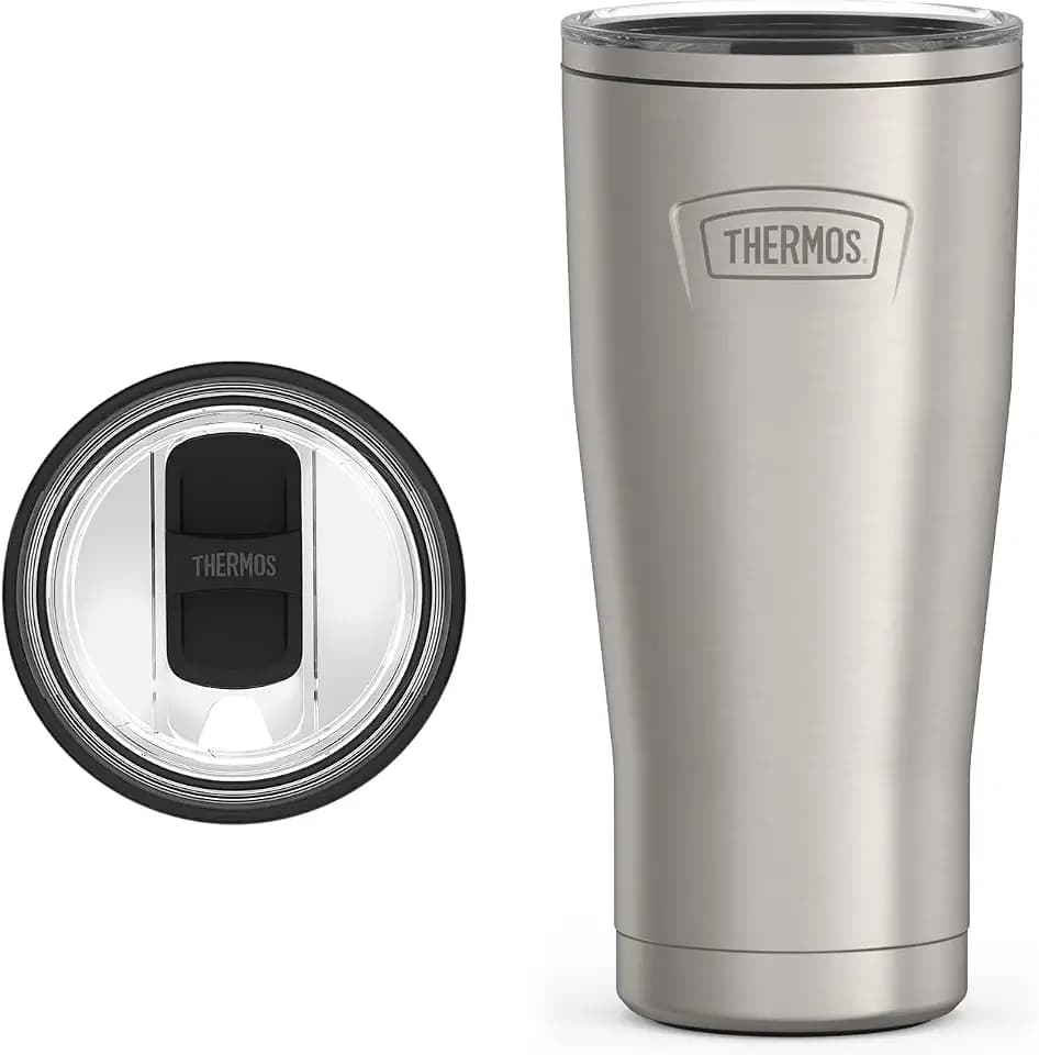 THERMOS Icon Series 24oz Stainless Steel Tumbler with Slide Lock Lid, Leakproof, Fits Cupholder, Dishwasher Safe, Griptec™ Non‑Slip Base, Keeps Drinks Hot 6 Hrs/Cold 22 Hrs, Matte Stainless Steel