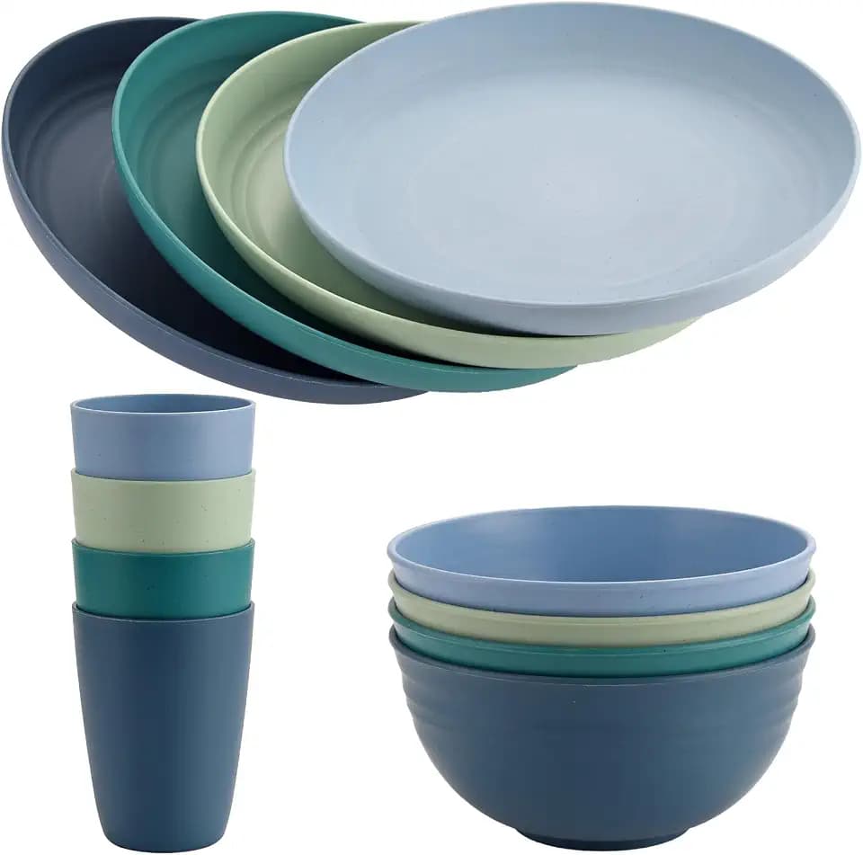 FUNYKICH 12 Teiliges Camping Geschirr Set für 4 Personen, BPA-Frei, Blau