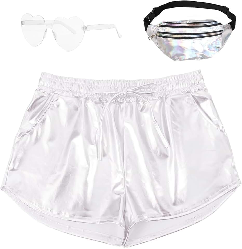 PARTTELY Metallic Shorts for Women Drawstring Shiny Hot Short Sparkly Rave Party Pants with Holographic Fanny Pack Sunglasses