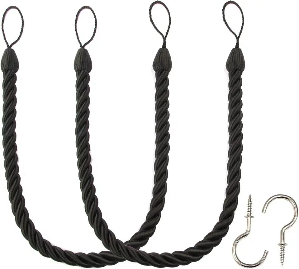 BEL AVENIR Curtain Tiebacks Ropes Tie-Backs,Handmade Holdbacks(Black,2P)