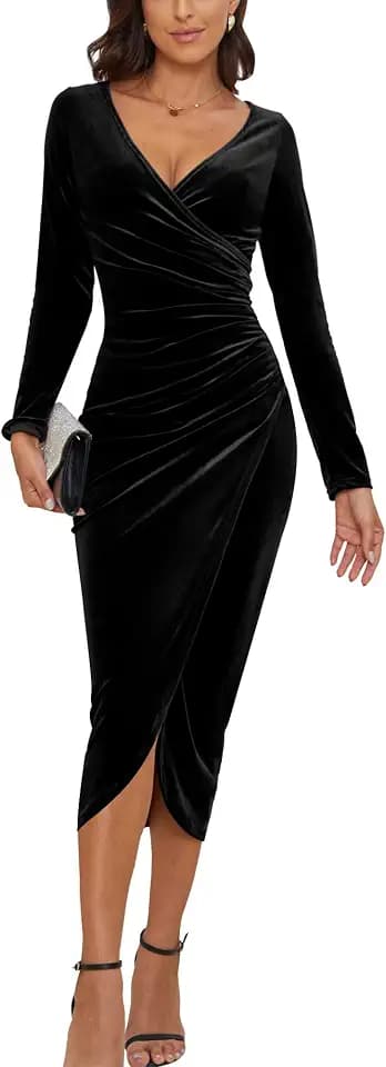 CYiNu Women's V Neck Wrap Velvet Long Sleeve Maxi Dress