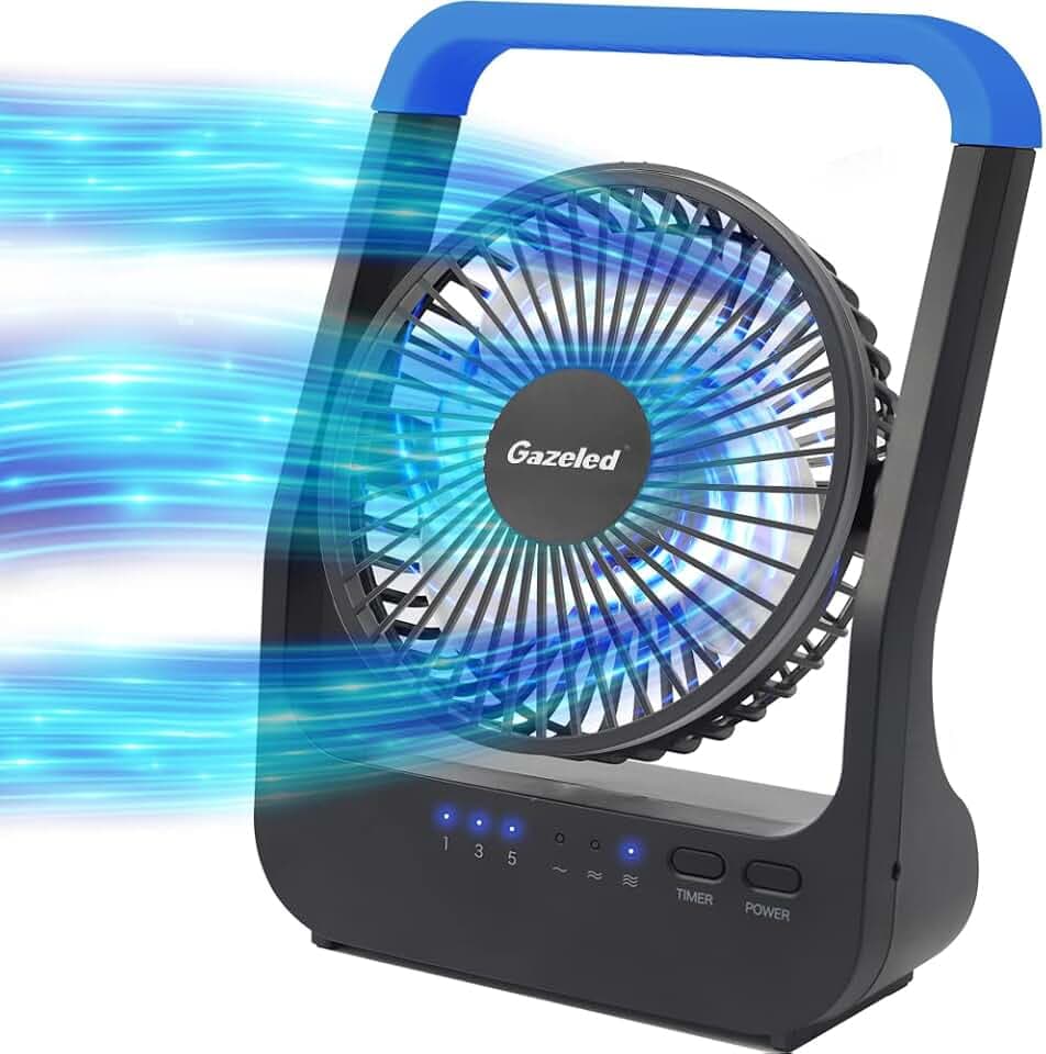Gazeled Battery Operated Fan, Camping Fan Battery Powered, Super Long Lasting, 5'' Portable D-Cell Battery Powered Desk Fan with Timer, 3 Speeds, Quiet, 180° Rotation, for Office,Bedroom,Outdoor, F24