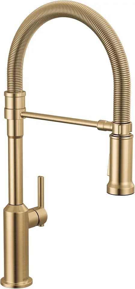 Delta Cordova Pro Style Commercial Kitchen Faucet with LED Spotlight, Brushed Gold Single Hole Kitchen Sink Faucet with High Pressure ProClean Spray, Lumicoat Champagne Bronze 9685-CZ-PR-DST