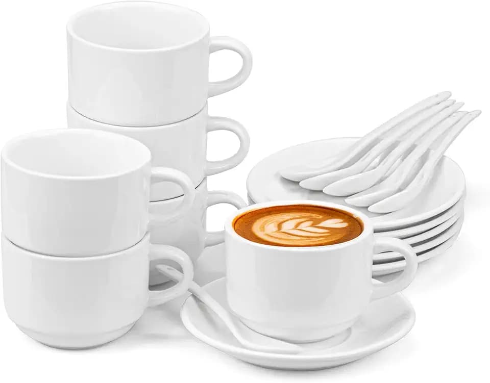 Hedume 6 Pack 5 OZ Espresso Cups with Saucers and Spoons, Stackable Espresso Coffee Cup Set for Specialty Coffee Drinks, Latte, Cafe Mocha and Tea - Safe for Dishwasher, Microwave, Oven and Freezer