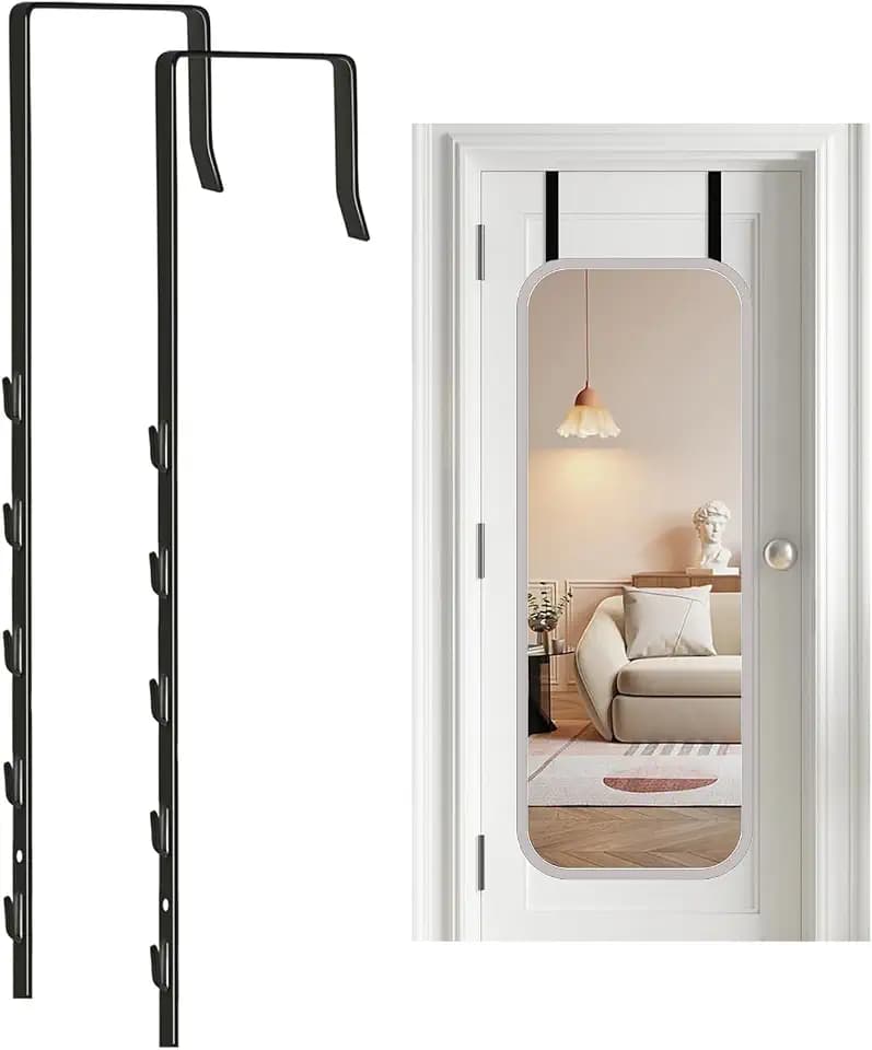 Over-The-Door Mirror Hanger, Adjustable 13.6 in Door Mirrors Hanger with Protective Lining, Prevent Scratches, 2 Pcs Door Brackets Perfect Height and Fit (Mirror Not Included) - Black