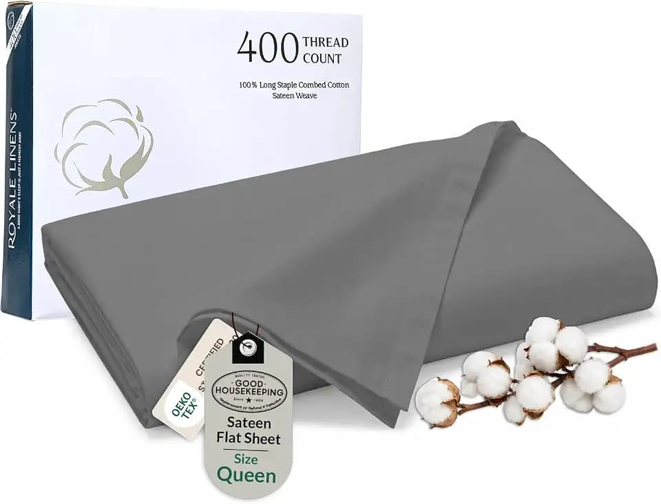Royale Linens Queen Flat Sheet Only, Luxury Breathable Sateen Weave 100% Cotton Flat Sheets, Ultra Soft Single Flat Sheets Only Sold Separately, Cooling Top Sheet (Spanish Slate-90x102)