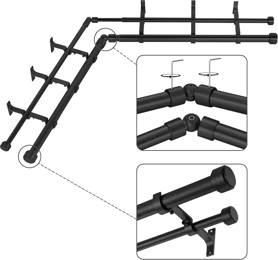 Black Double Corner Window Curtain Rods with Aluminum End Cap Finials and Brackets,1 Inch Diameter Dual Bay Window Curtain Rods, Adjustable 2 Sided 32-86 Inch Double Drapery Rod