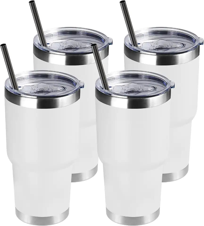 DOMICARE 30 oz Tumbler with Lid and Straw, Stainless Steel Tumblers Bulk, Insulated Vacuum Double Wall Travel Coffee Mug, Durable Powder Coated Tumbler Cups (White, 4)