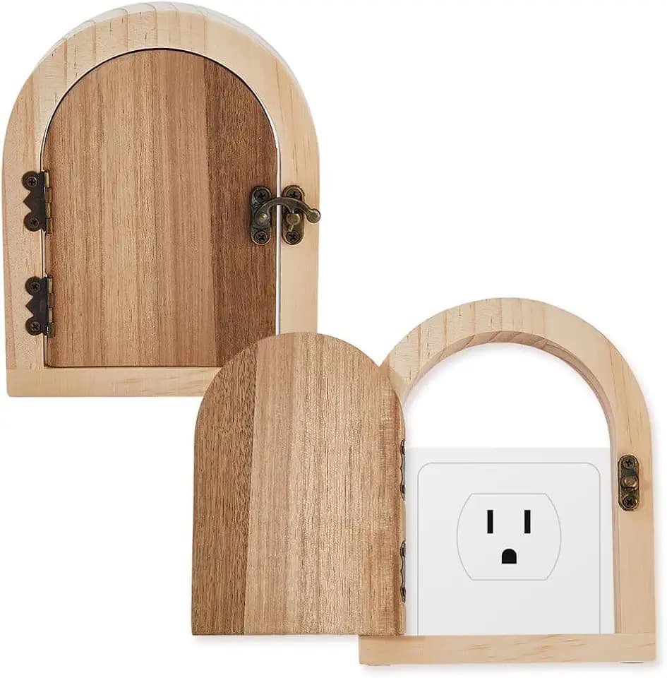 DICOSMETIC 2Pcs Fairy Door Outlet Cover Plate Wood Switch Guard Cover Decorative Wall Outlet Covers for Proofing Wooden Elf Doors for Wall Romantic Fairy Door Decor, 15x12cm