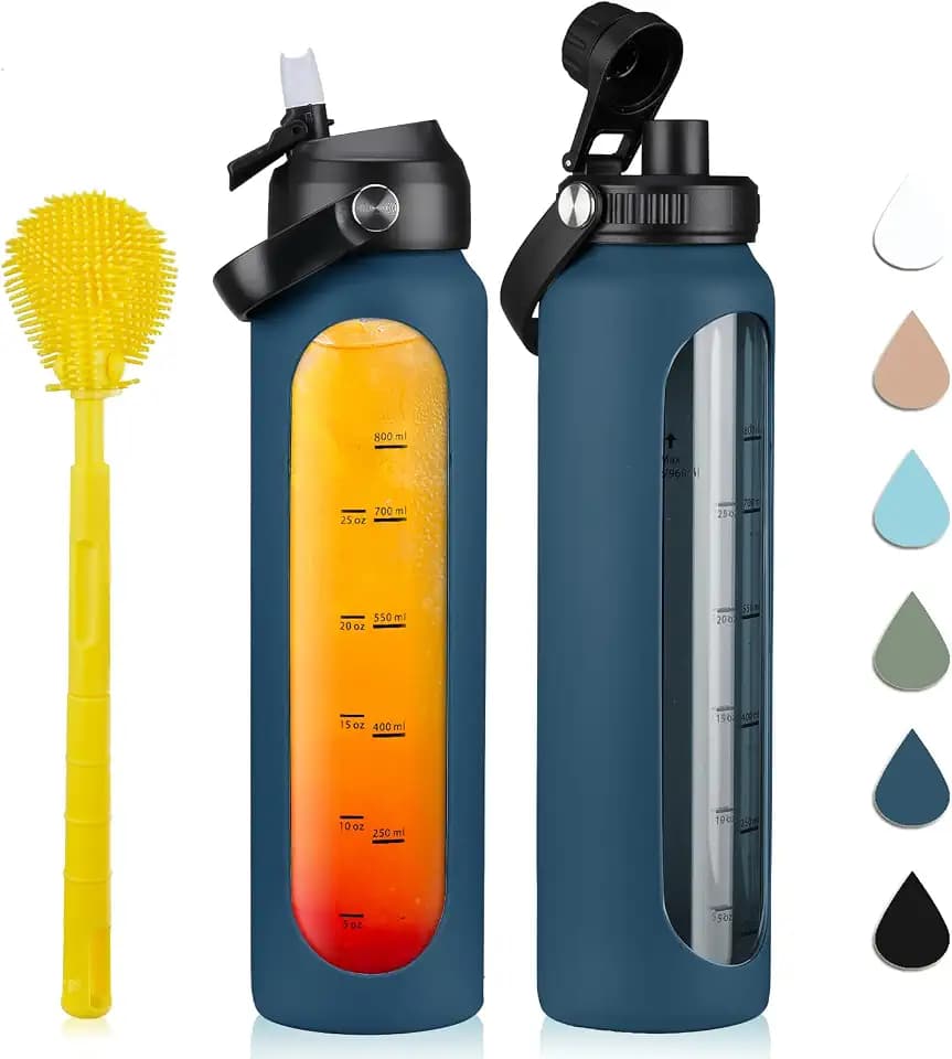 Glass Water Bottle 32oz with Handle and Straw,1 Liter Borosilicate Glass Water Bottles with 2 Lids and Time Marker Wide Mouth Reusable Glass Bottle for Sports Travel Outdoor Leakproof