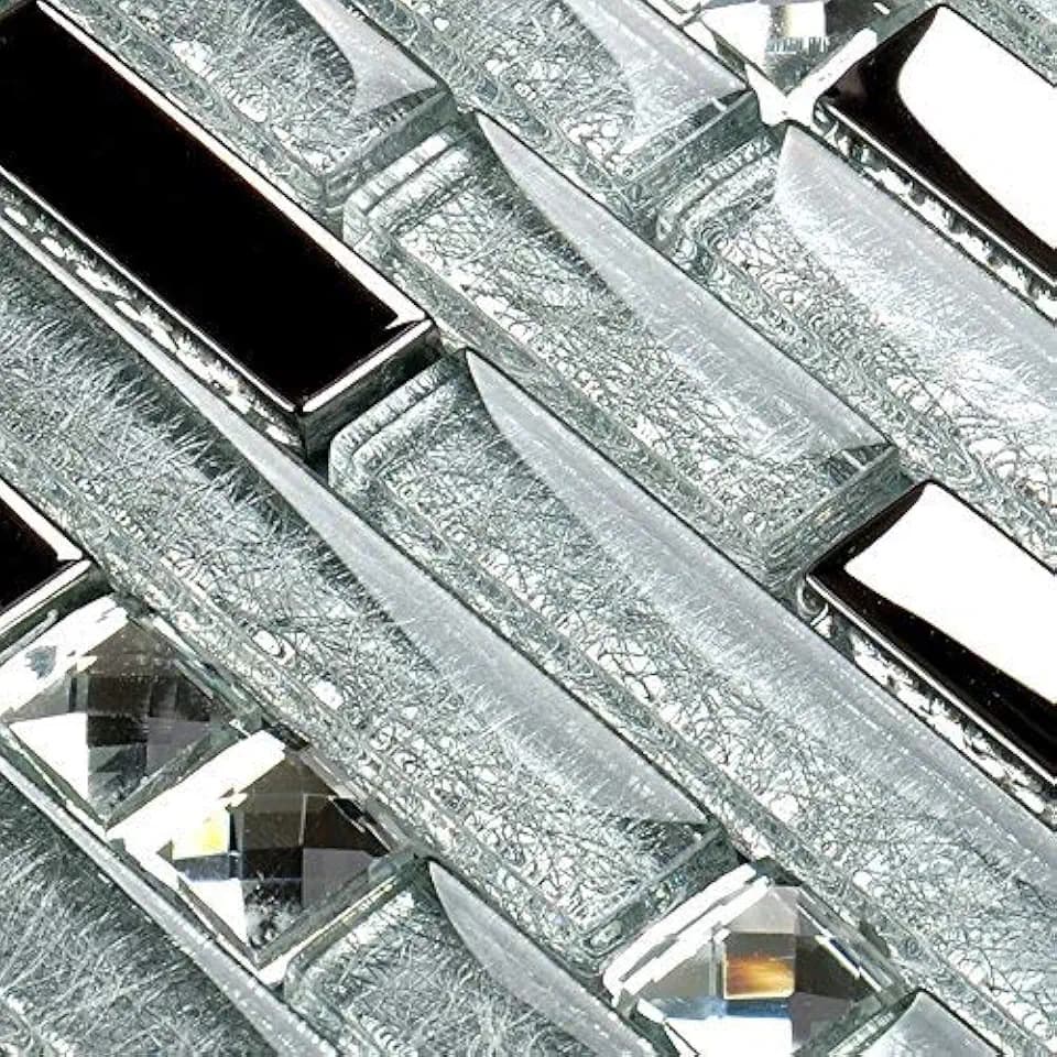 Hominter Silver Metallic Glass Mosaic Linear Wall Tile, 6 Sq Ft