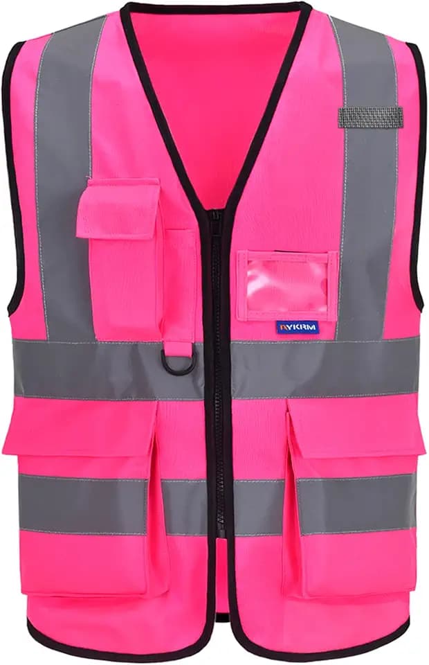 A-SAFETY Hi-Vis Reflective Vest with Radio Mic Loop, Front Zipper, Pink, M