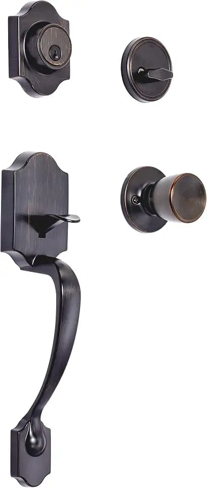 Amazon Basics Front Door Lock Set, Handleset with Tulip Knob, Easy Installation, Level Door Handle, Exterior, Single Cylinder, Oil Bronze, 1-Pack