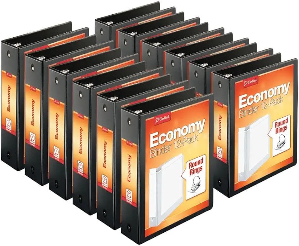 Cardinal Economy 3-Ring Binders, 3", Round Rings, Holds 625 Sheets, ClearVue Presentation View, Non-Stick, Black, Carton of 12 (90650)