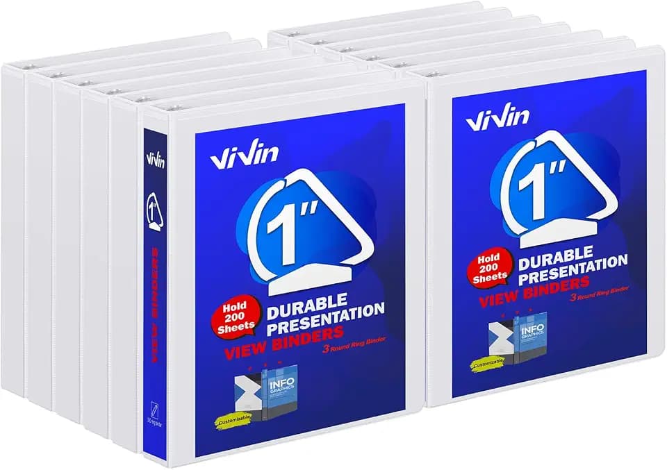 ViVin Sturdy 3 Ring Binder 1 Inch with 2 Interior Pockets, 12 Pack, White