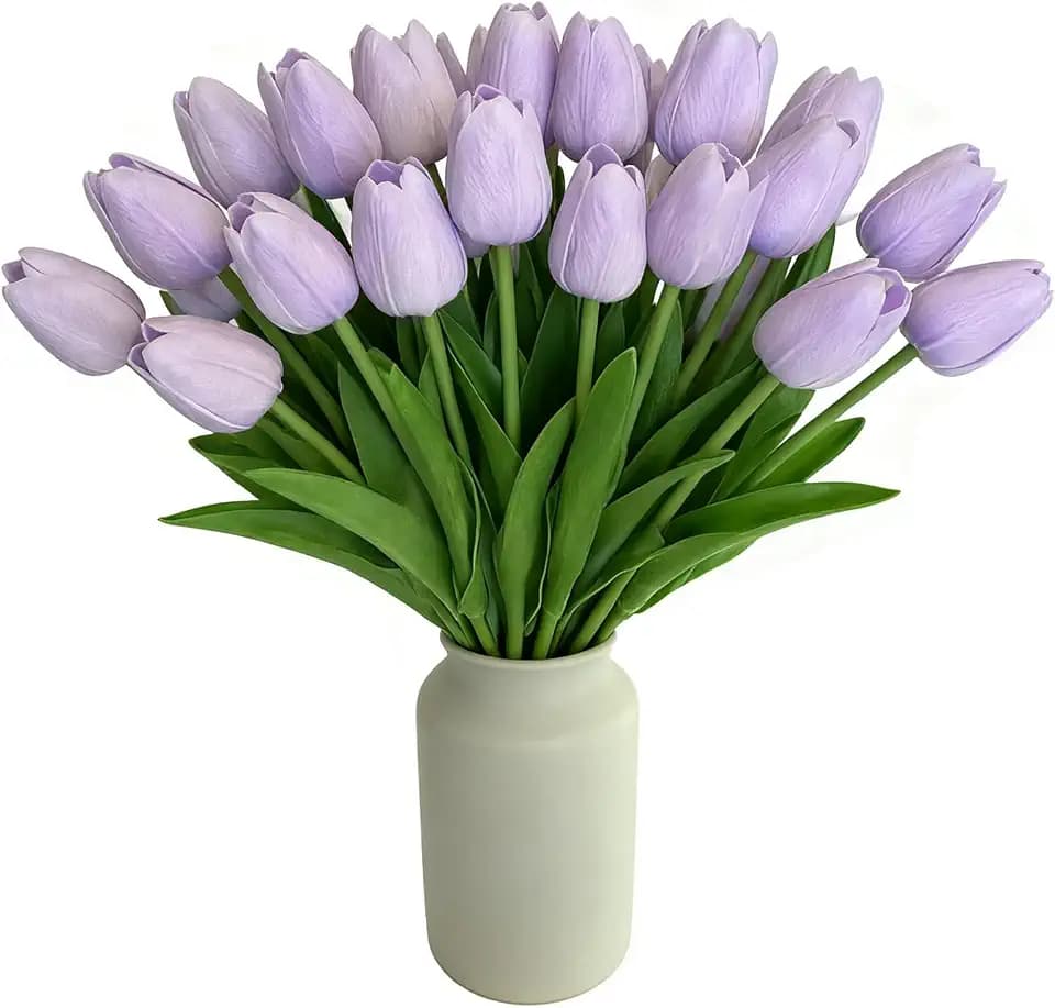 Light Purple Artificial Tulips, 20 Pcs PU Real Touch Faux Flowers