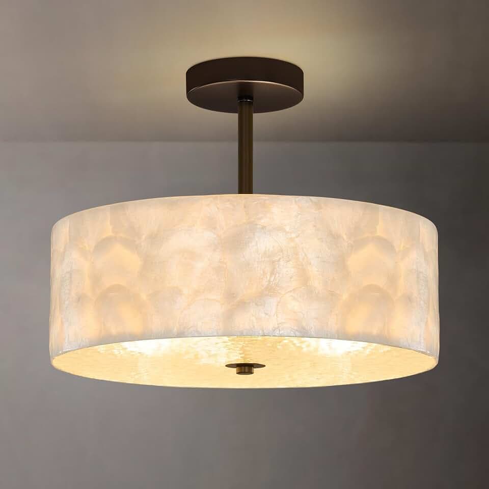 Coastal Capiz Shell Ceiling Light, 15" Black Drum Beachy Chandelier