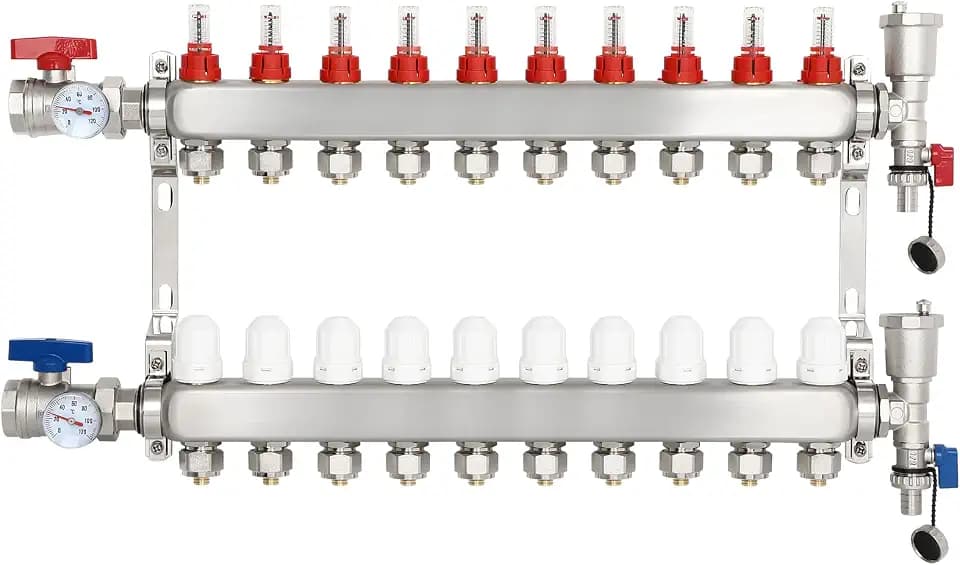 FAHKNS 10-Branch Radiant Heat Manifold,Stainless Steel PEX Manifold for Hydronic Radiant Floor Heating (1/2" Adapters included) Radiant Heat Pex Manifold Set