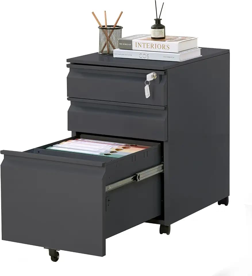 Garvee Mobile Filing Cabinet 3 Drawer,Under Desk File Cabinet with Lock & Anti-Tip Wheel, Metal Rolling Filing Cabinets for Home Office Organizer,a4/Letter/Legal Hanging File Folders
