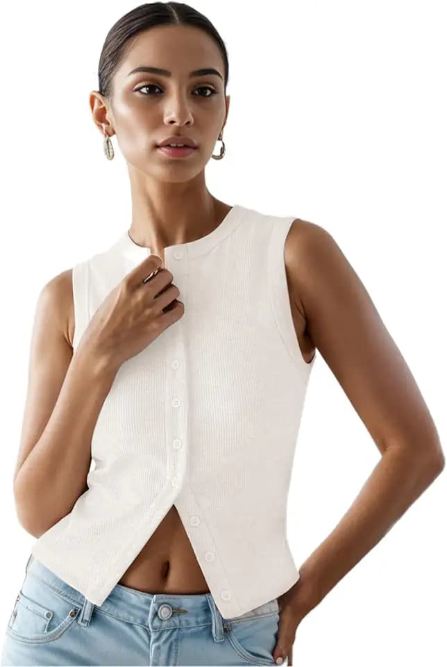 Womens Button Down Tank Tops Ribbed Summer Going Out Crop Vest