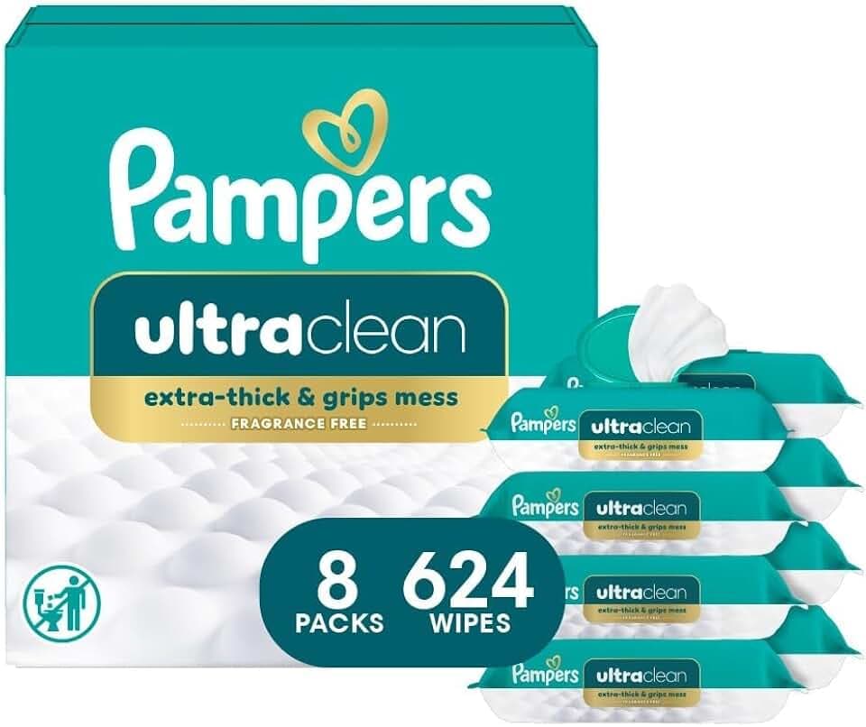 Pampers Ultraclean Baby Wipes, Unscented, Fragrance Free, Water Based, Hypoallergenic, Extra Thick & Grips Mess, 100% Plant Based, 624 Wipes Total (8X Flip-Top Packs)