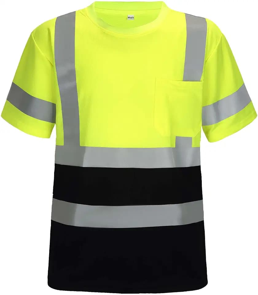 High visibility Shirts for Men Reflective, Class 3 Safety Shirts for Construction Work, Hi Vis T Shirt with Pocket Short Sleeve Black Bottom Lime S