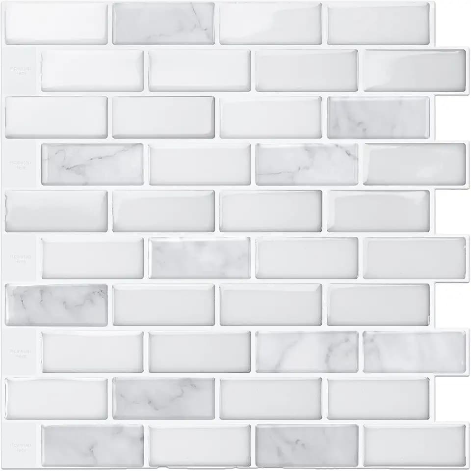 LONGKING Peel and Stick Subway Tile Backsplash for Kitchen, Vertical Strip Design, White Marble Tile, Waterproof Wall Sticker for Kitchen & Bathroom