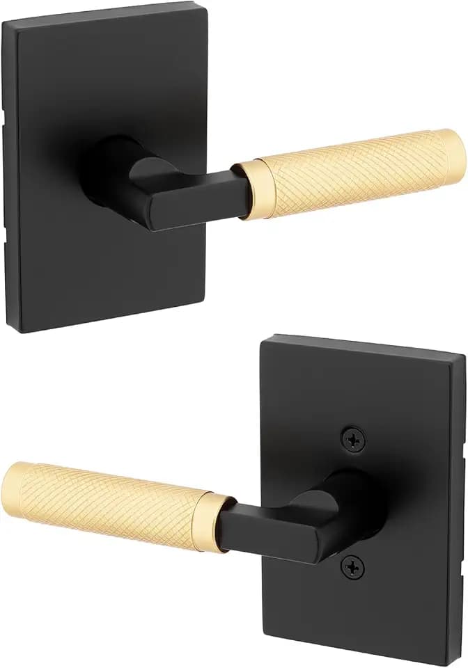 Kwikset Prava Interior Passage Door Knurled Handle, Lever for Closet and Hallway Doors, Reversible Non-Locking Handle Lever, Matte Black and Satin Brass, with Microban Protection
