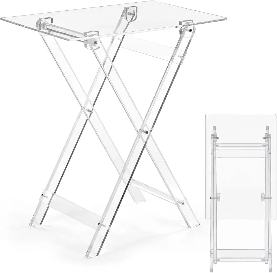 Namalu Acrylic Foldable TV Dinner Table Clear Small Folding Tray Space Saving for Eating Snack Coffee Bed Desk Living Room Kitchen Furniture Easy Assembly(No Edge,24 * 20 * 14 Inches,Transparent)