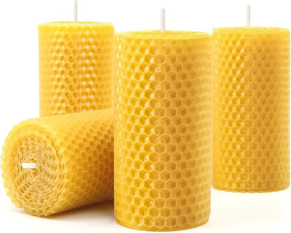 Beeswax Candles Pillar 2x4 Inch 4 Pack, Honeycomb Decor
