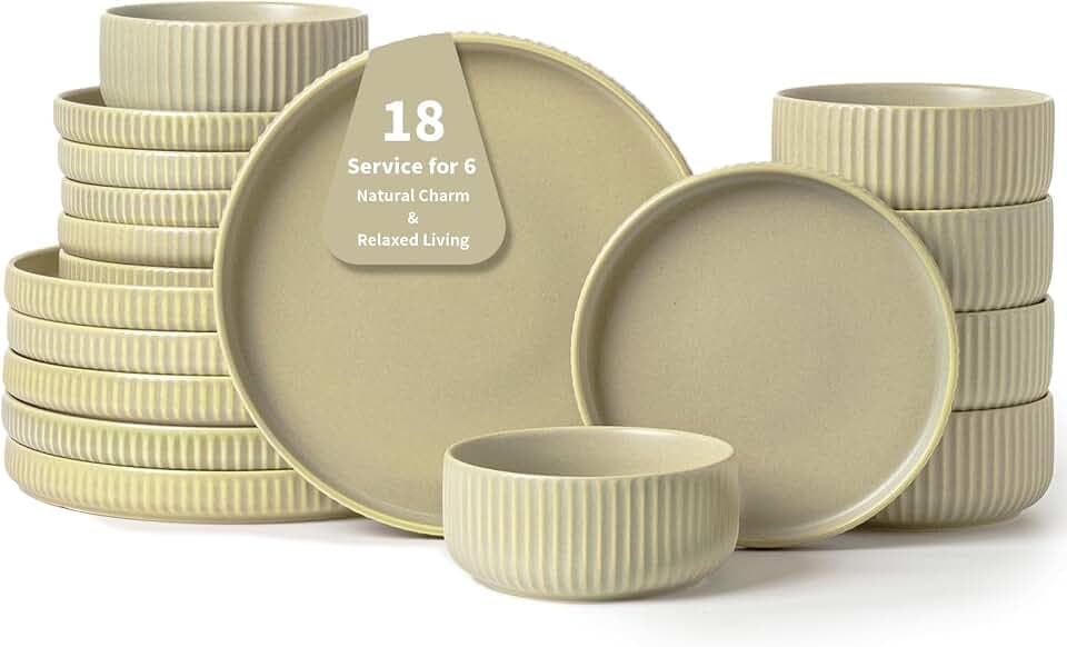 Healing Green Plates and Bowls Sets for 6,FOBENTA 18 Piece Ceramic Dinnerware Set – Dish Set for Light Living & Refreshing Everyday Rituals