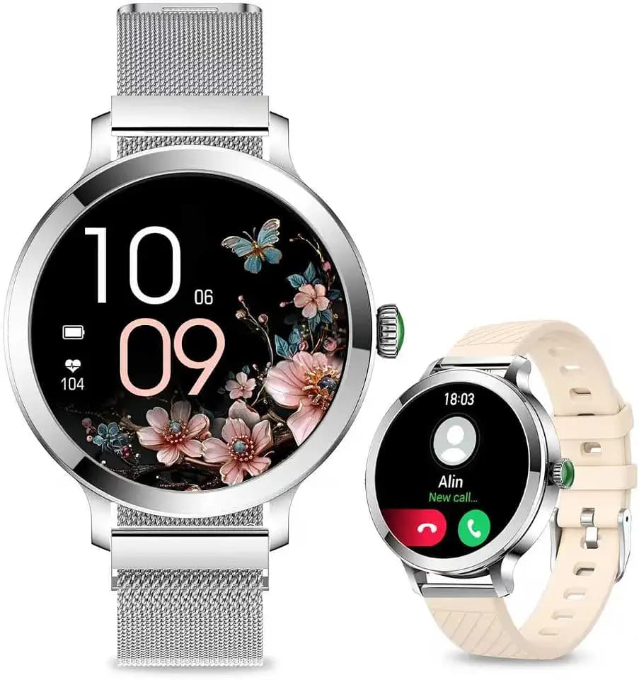 Efolen Smartwatch Damen(2 Armbändern),1.1" HD AMOLED Display Smartwatch mit Telefonfunktion,Fitnessuhr,Sportuhr mit 120+ Sportmodi,Schlaftracking,Menstruationszyklus,Uhr für iOS/Android,Siber