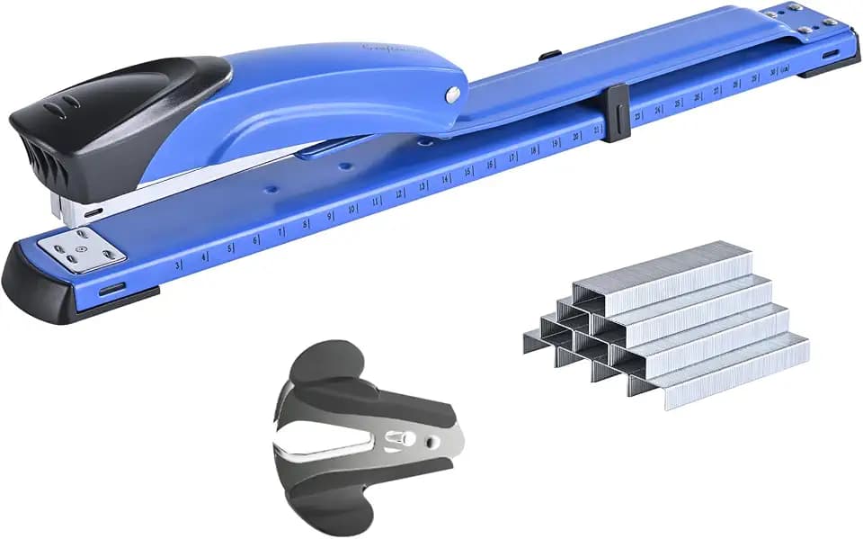 Long Reach Stapler, with 2000 Staples & Stapler Remover Full Strip, 20-25 Sheet Capacity, with Built-in Ruler and Adjustable Locking Paper Guide, Blue