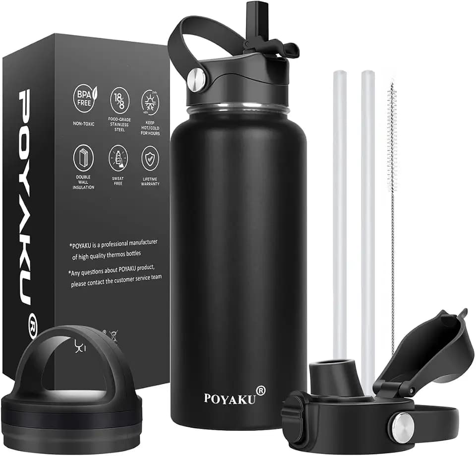 Water Bottle Insulated 32oz 40oz 64oz 128oz Straw Lid Spout Lid & 3 Lids, Leak Proof, Vacuum Insulated,Stainless Steel Water Bottle Wide Mouth for Sports, Gym or Office