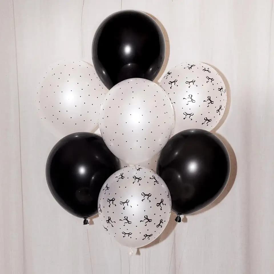 xo, Fetti 24pk Black + White Bow Latex Balloons 12" | Birthday Party Decor
