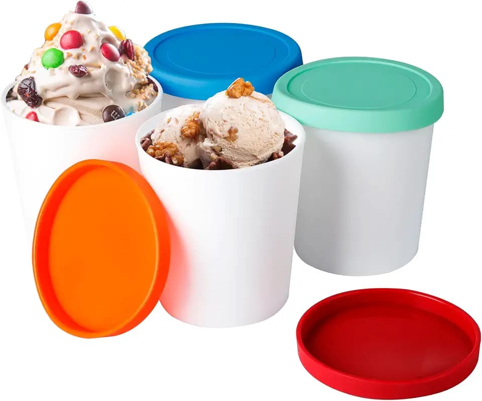 Ice Cream Containers for Homemade (4 Pack - 1 Quart Each), Reusable PP Plastic Ice Cream Storage Containers for Freezer, Leak-Free Ice Cream Containers with Silicone Lids