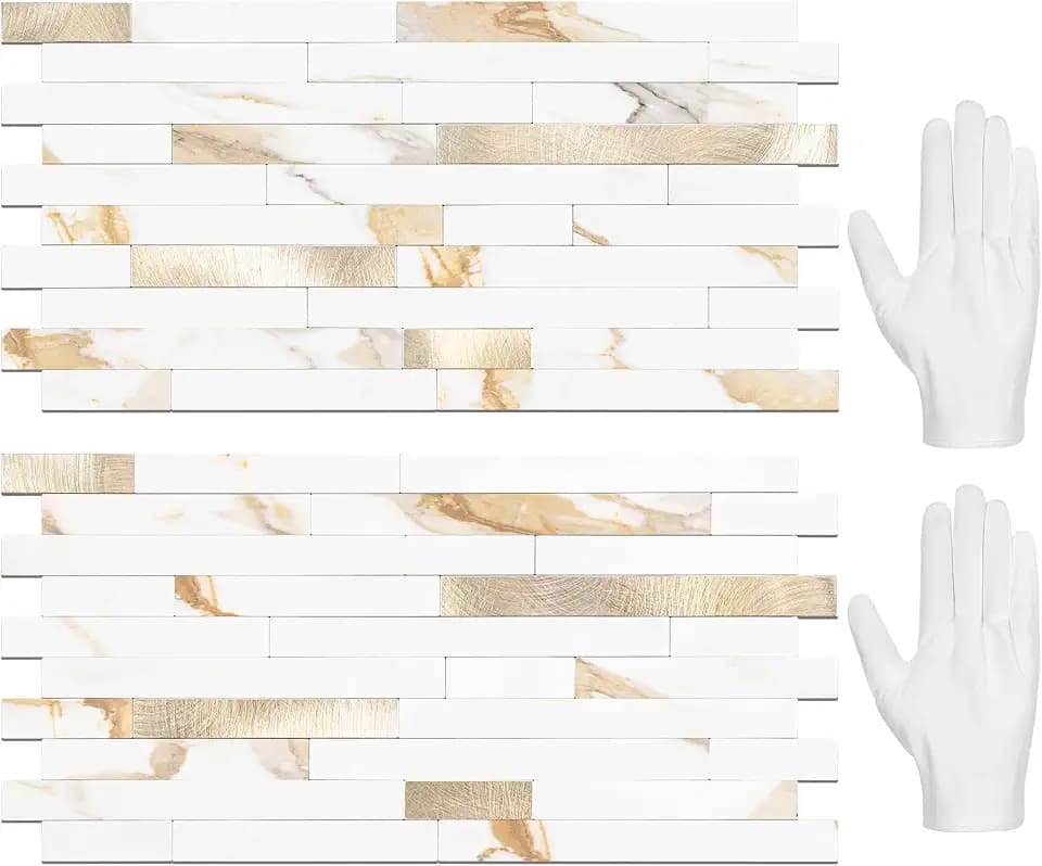 STICKGOO 20 Sheets Peel and Stick Backsplash Tile, Stick on Backsplash for Kitchen and Bathroom, Calacatta Gold Marble Look PVC Mixed Gold Self Adhesive Wall Tiles