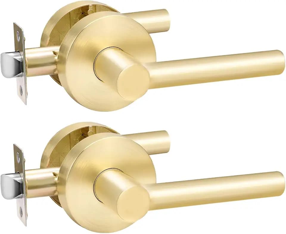 Karlstone 2 Pack Interior Door Handles Heavy Duty Passage Door Levers in Gold Polished Brass Non-Locking Leverset for Hall and Closet,Left or Right Handing