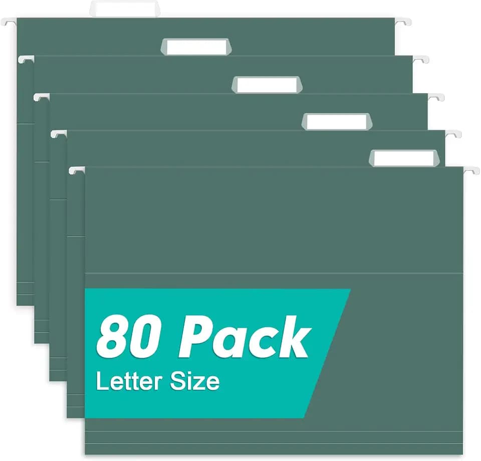 HERKKA Hanging File Folders, 80 Pack Reinforced Letter Size Hanging Folders with Heavy Duty 0 Inch Expansion, Designed for Bulky Files, Medical Charts, 1/5-Cut Adjustable Tabs, Green