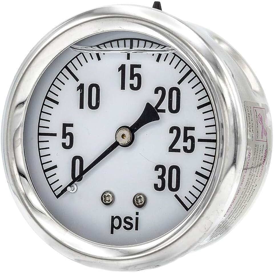 PIC Gauge AG-202L-254C 0-30 PSI Pressure Gauge, 2 1/2" Dial, 1/4" Male NPT Connection, Center Back Mount, Single Scale, Glycerin Filled, Stainless Steel Case/Bezel, Brass Internals & Plastic Lens