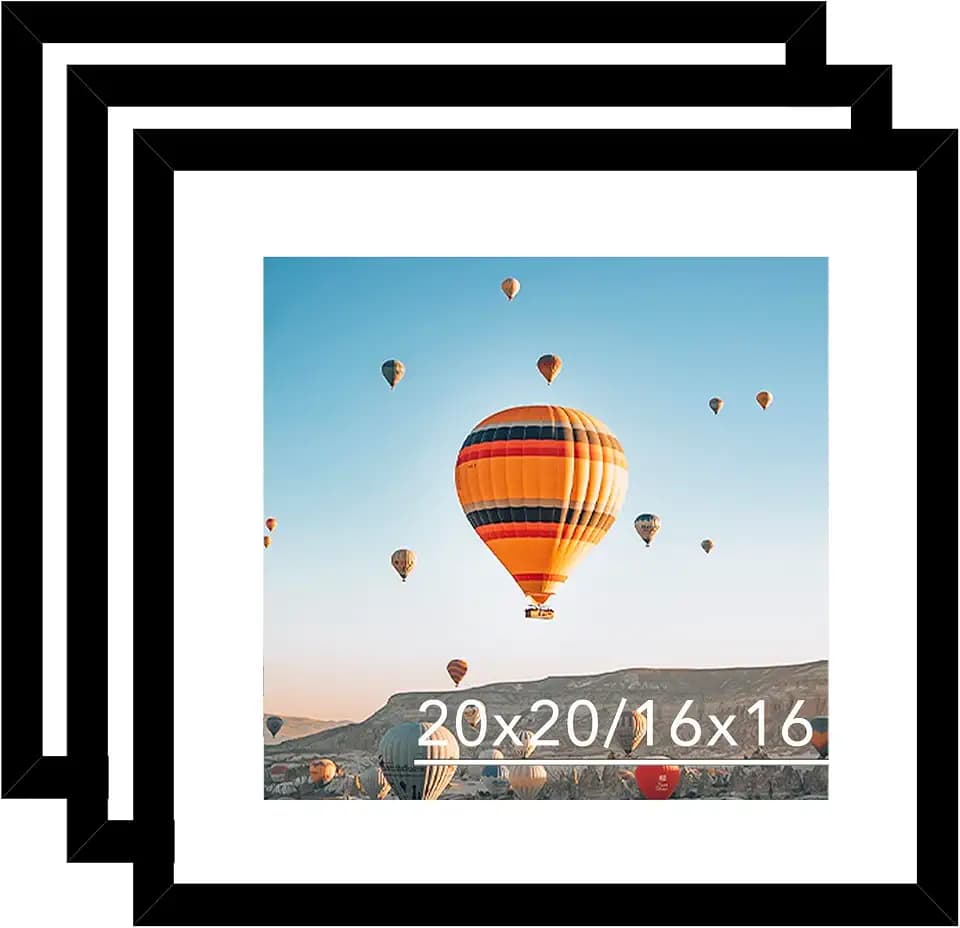 JCJMY 20x20 Picture Frame Set of 3 Black with 16x16 Mat, Display Photo 16x16 with Mat or 20 x 20 Without Mat, Wall Hanging Large 20x20 Poster Frame with Shatter Resistant Plexiglass, 3 Pack, Black