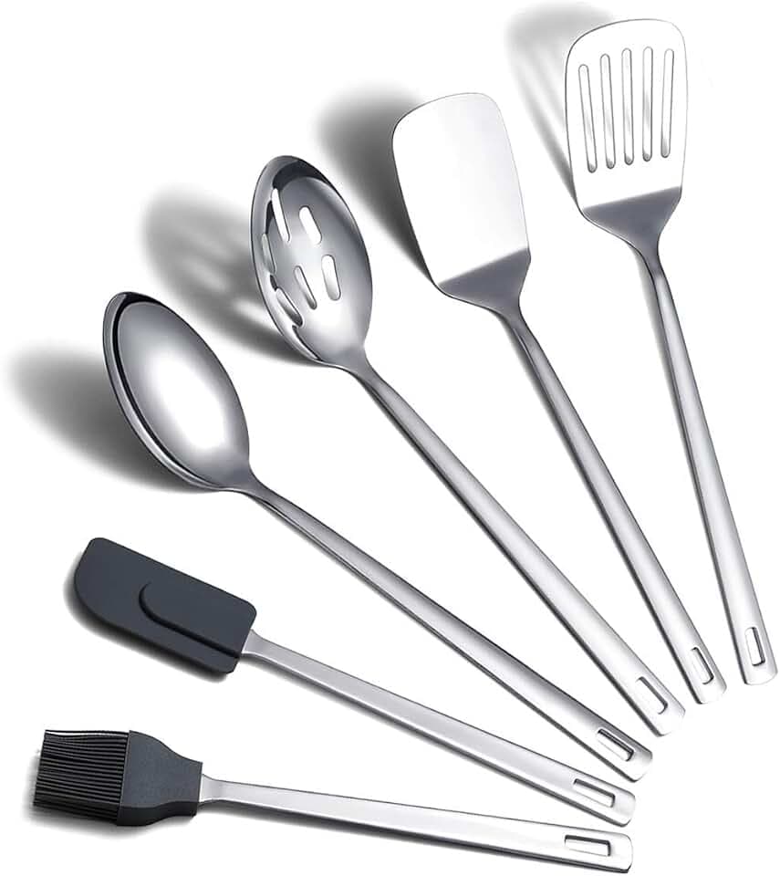 Cooking Spoon, Berglander 6 Pieces Spatula Set Stainless Steel, Metal Spatula, Serving Spoon, Kitchen Tools Set Non-Stick And Heat Resistant, Dishwasher Safe, Easy to Clean (6 Packs)
